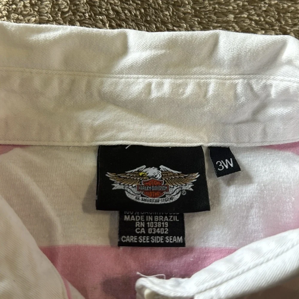 Harley-Davidson Woman’s Long  Sleeve Collard Pink and‎ White Striped Shirt - Picture 9 of 9